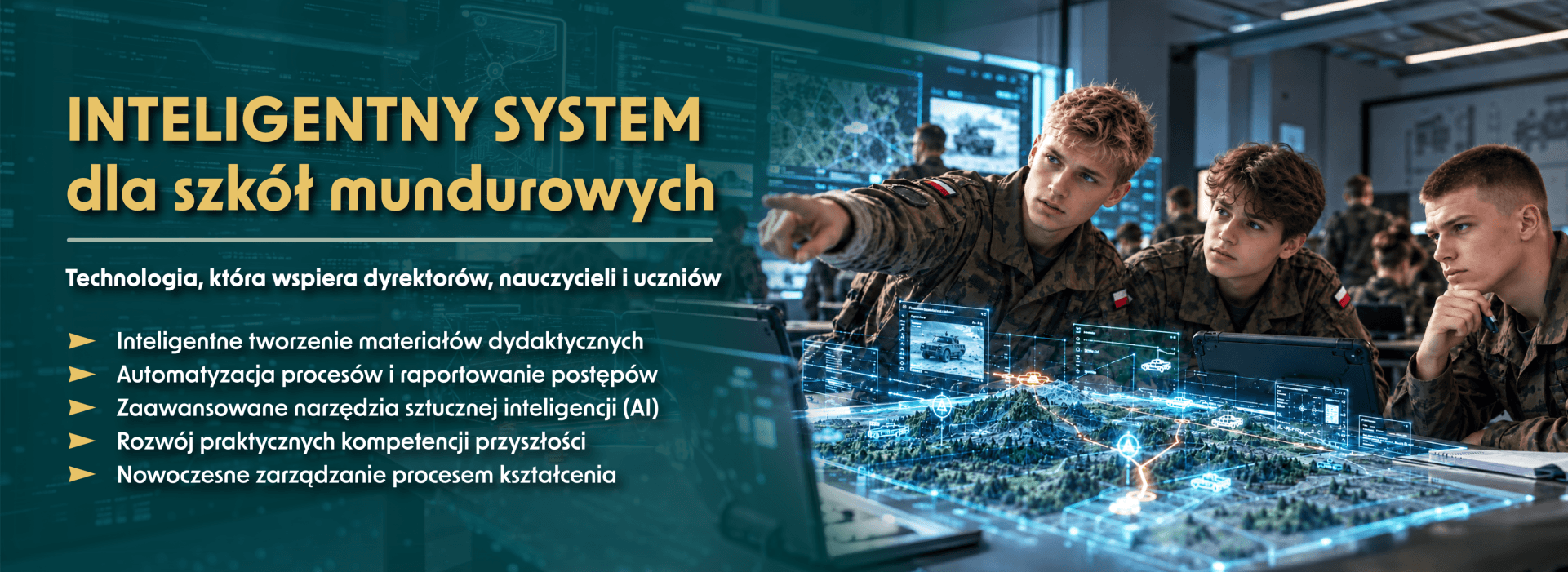 Baner „Inteligentny System dla szkół mundurowych” przedstawiający uczniów w mundurach korzystających z nowoczesnych technologii AI, wspierających nauczanie, tworzenie materiałów dydaktycznych, raportowanie postępów i rozwój praktycznych kompetencji.
