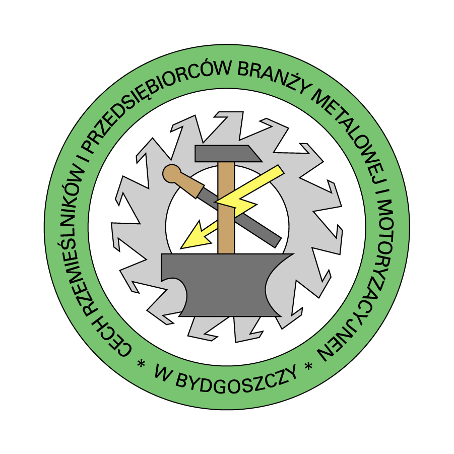 Okrągłe logo Cechu Rzemieślników i Przedsiębiorców Branży Metalowej i Motoryzacyjnej w Bydgoszczy. W centrum widoczne są stylizowane narzędzia rzemieślnicze na tle koła zębatego, a całość otacza zielony pierścień z nazwą organizacji.