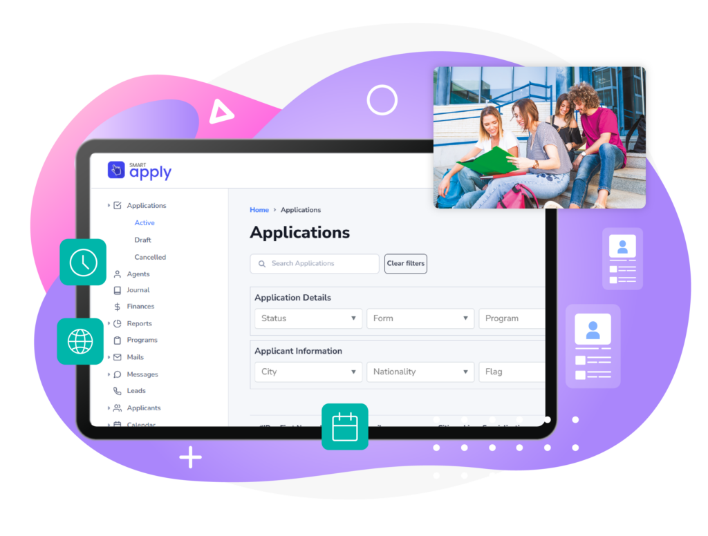 The graphic presents the SmartApply platform with the Applications section displayed on a large screen. The interface includes filters for application status, form, programme, city, nationality, and other applicant information, as well as navigation to reports, programmes, messages, applicants, and calendar functions. In the upper right, a group of students is shown sitting together outdoors, representing prospective applicants. Additional icons symbolise time, online access, scheduling, and applicant profiles. The overall design is modern and dynamic, using purple, pink, white, and turquoise tones.