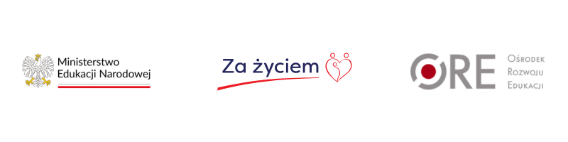 Logotypy partnerów programu: Ministerstwa Edukacji Narodowej, programu „Za życiem” oraz Ośrodka Rozwoju Edukacji (ORE), umieszczone na białym tle.