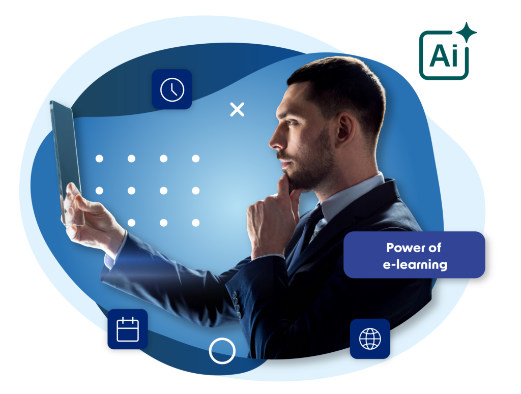 The graphic presents the concept of modern e-learning supported by artificial intelligence. At the centre, a businessman in a suit is using a tablet, symbolising convenient access to digital training and professional development. A highlighted label reads “Power of e-learning”, while surrounding icons represent AI, online access, scheduling, and flexible learning time. The composition uses a modern blue, navy, white, and turquoise colour palette with abstract geometric elements in the background.