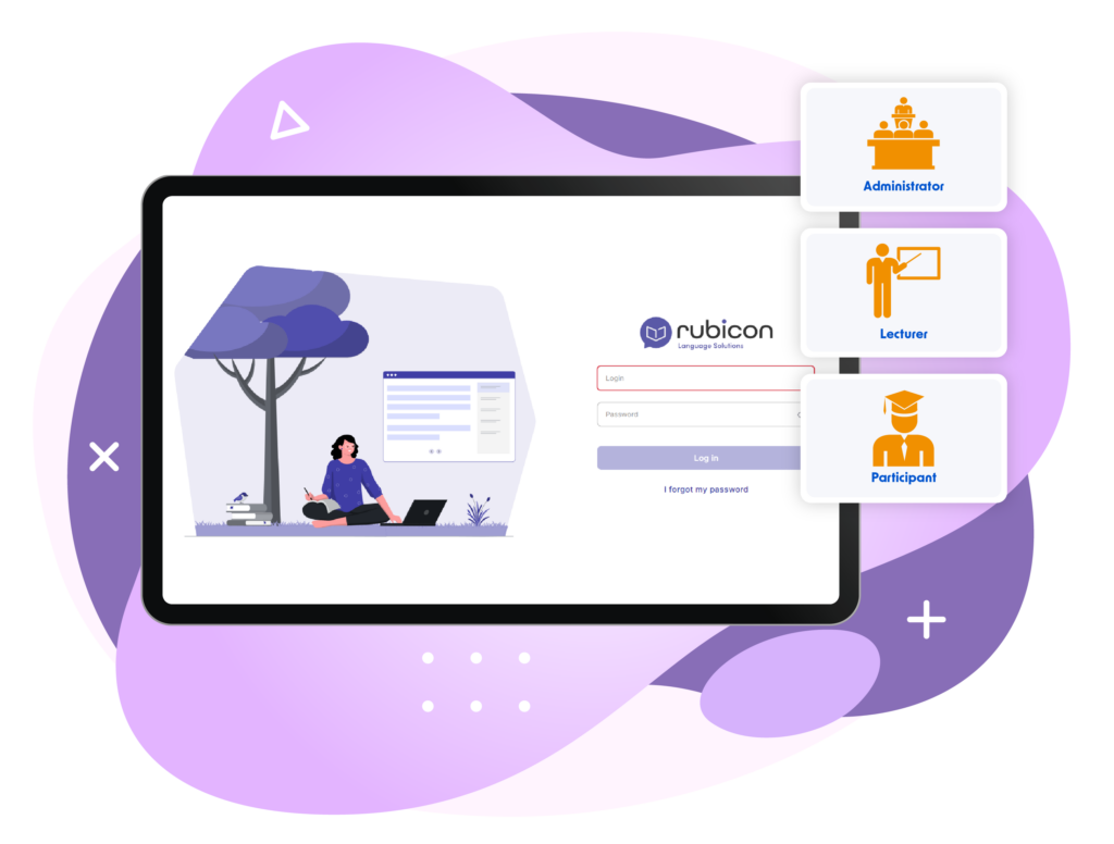 The graphic shows the Rubicon Language Solutions login screen displayed on a large tablet against a background of abstract purple shapes. The login panel includes fields for a username and password. On the right side, three user roles are presented with orange icons: Administrator, Lecturer, and Participant. The illustration on the left side of the screen depicts a person studying on a laptop. The overall design is modern, clean, and dominated by purple and white tones.