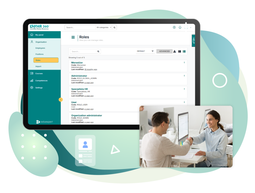 The graphic presents the HR360° – LearnWay Human Resources platform with the Roles management section displayed on a large screen. The interface shows a list of user roles, including Manager, Administrator, HR Specialist, User, and Organisation Administrator, together with search and filtering options. In the lower right, a photo shows two people shaking hands during a professional meeting, symbolising recruitment and employee management. The overall design is modern and professional, using green, turquoise, white, and blue tones.