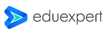 Logo Eduexpert – niebiesko-seledynowy symbol graficzny przypominający strzałkę oraz napis eduexpert w kolorze szarym na białym tle.