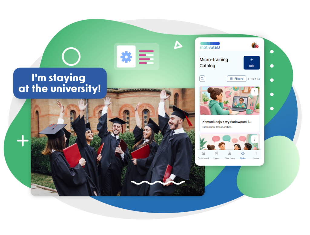The graphic presents the MotivatED platform and its Micro-training Catalog displayed on a mobile device. The interface includes a list of short development courses, search and filtering options, and navigation to dashboard, users, directions, and skills. On the left, a group of graduates in academic gowns celebrate together, accompanied by the message “I’m staying at the university!” The composition symbolises student engagement, development, and retention, using green, blue, white, and pastel tones.