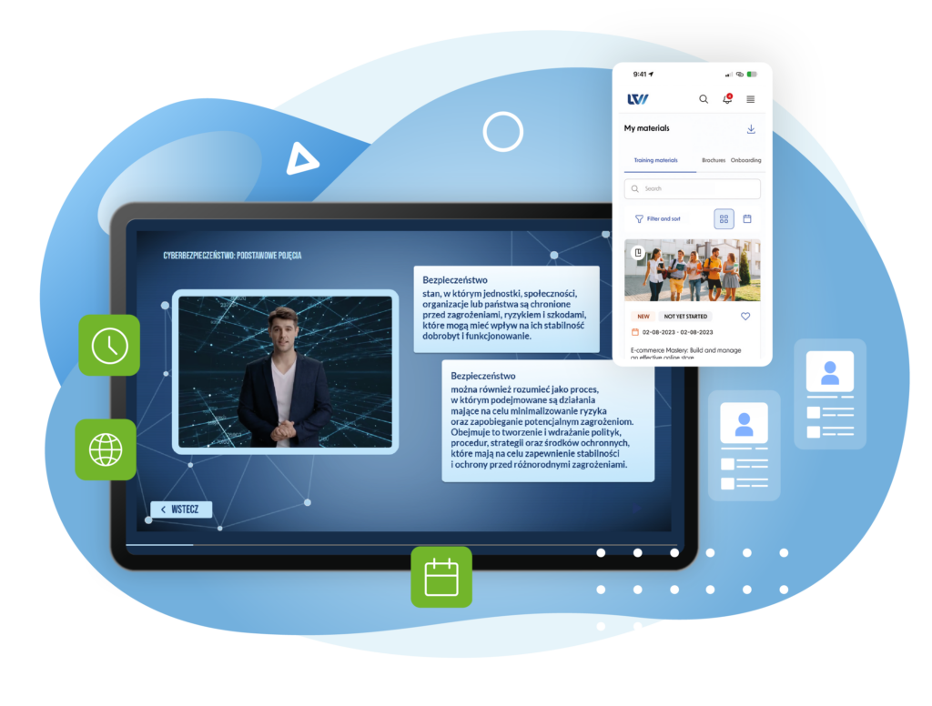 The graphic presents the LearnWay e-learning platform on a large screen and a mobile device, illustrating access to training content across different devices. The main screen displays an online lesson on cybersecurity, including a video presenter and explanatory text, while the smartphone shows the "My materials" section with available training resources. Green icons represent time, online access, and scheduling, while additional user-profile symbols suggest learner management. The overall design is modern and technology-focused, using blue, white, and green tones.