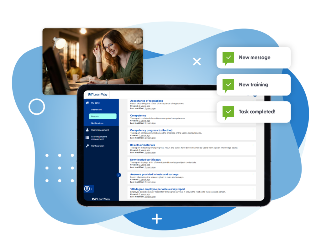 The graphic presents the LearnWay platform interface displayed on a large screen against a background of abstract blue shapes. The system dashboard shows a list of reports and learning-related data, including competence progress, material results, downloaded certificates, and survey responses. In the upper left, a woman is shown working on a laptop. On the right, three notification panels highlight “New message,” “New training,” and “Task completed!” The overall design uses a modern blue, white, and green colour palette.