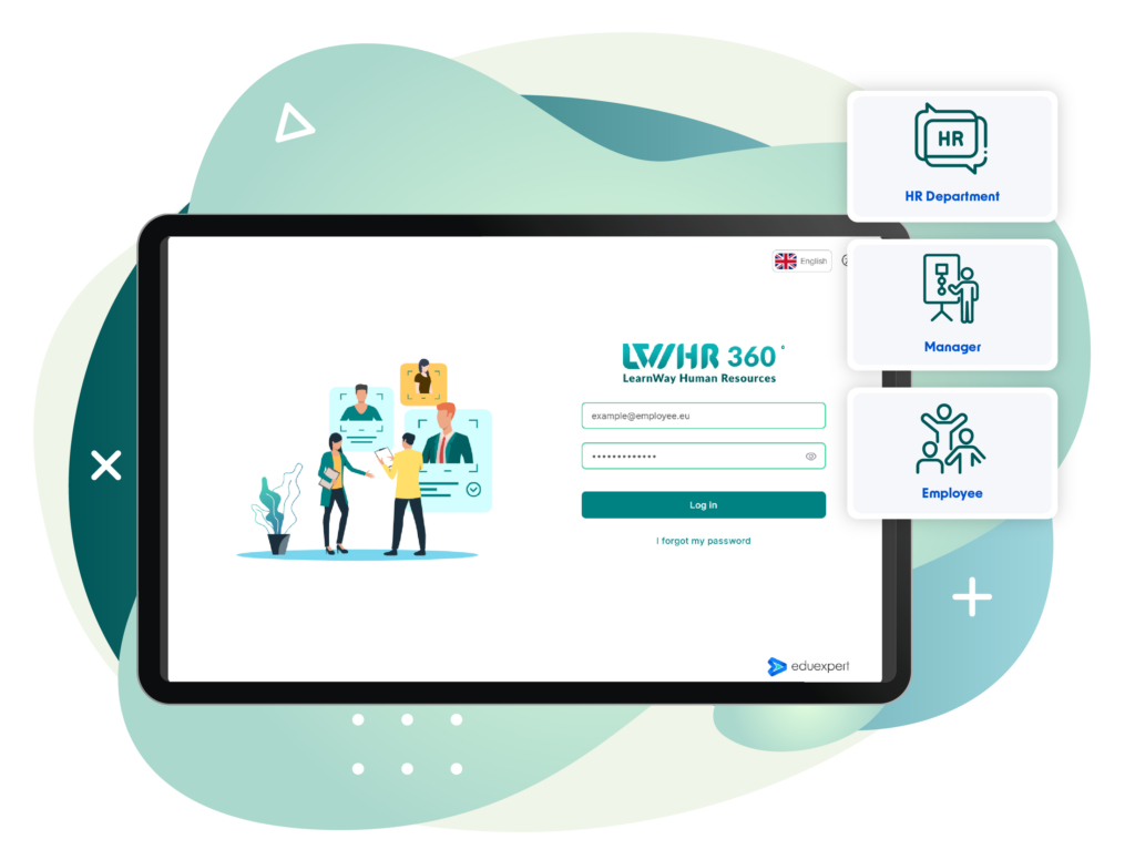 The graphic presents the HR360° – LearnWay Human Resources login screen displayed on a large tablet against a background of abstract green and turquoise shapes. The interface includes fields for an email address and password, a Log in button, and a password recovery option. On the right, three user roles are highlighted with icons: HR Department, Manager, and Employee. An illustration on the left represents employee and HR management. The overall design is modern and professional, using white, green, turquoise, and blue tones.