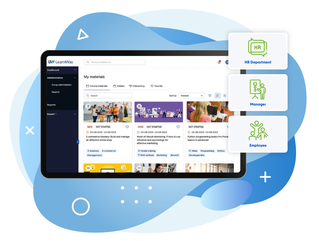 The graphic presents the LearnWay platform displayed on a large screen against a background of abstract blue shapes. The interface shows the “My materials” section with available course materials, folders, onboarding content, search and filtering options. On the right, three user roles are highlighted with green icons: HR Department, Manager, and Employee. The overall design is modern and professional, using blue, white, and green tones.