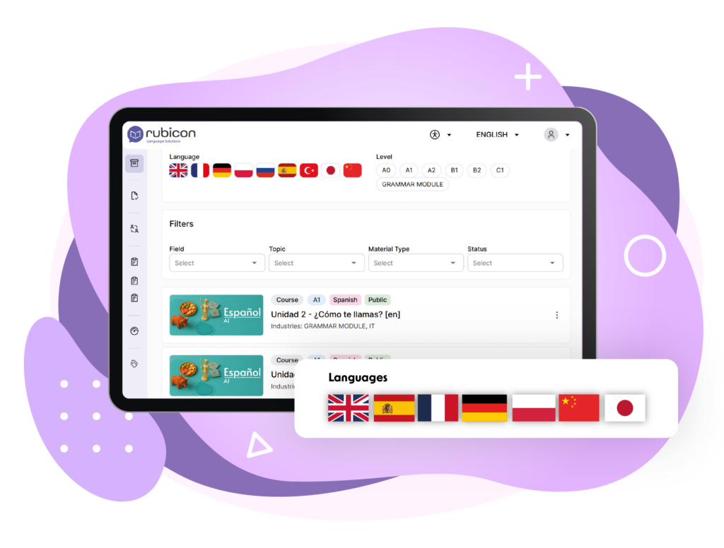 The graphic shows the Rubicon Language Solutions platform displayed on a screen against a background of abstract purple shapes. The interface includes options for selecting a language, proficiency level, and course filters. At the bottom, a “Languages” panel displays the flags representing the languages available on the platform: English, Spanish, French, German, Polish, Chinese, and Japanese. The overall design is modern and clean, with purple as the dominant colour.