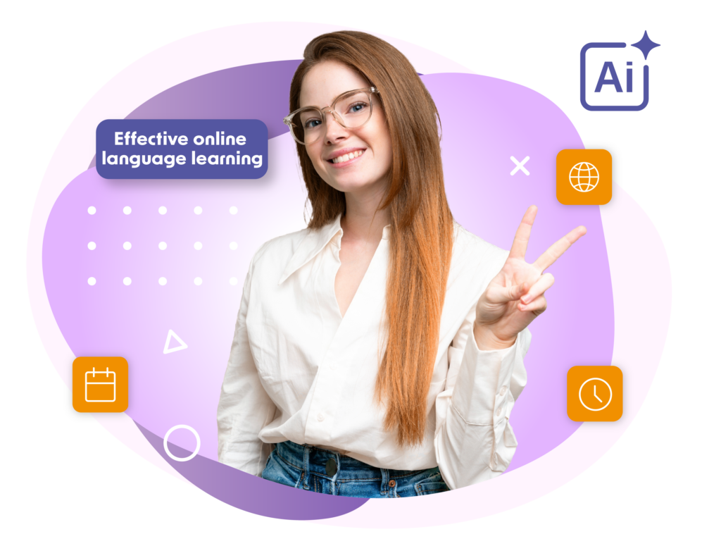 The graphic shows a smiling young woman wearing glasses and a white shirt, standing against a background of abstract purple shapes and making a peace sign with her hand. A highlighted label reads “Effective online language learning.” Surrounding icons represent artificial intelligence, online access, scheduling, and flexible learning time. The composition uses a modern purple, white, and orange colour palette.