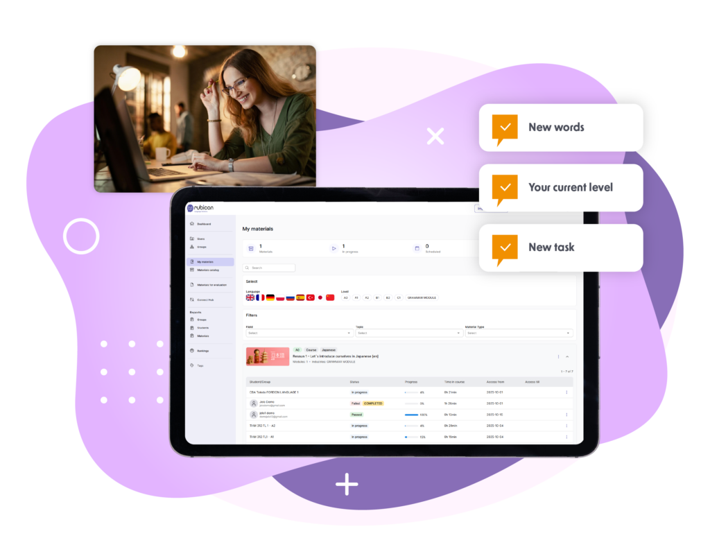 The graphic presents the Rubicon Language Solutions platform displayed on a large screen against a background of abstract purple shapes. In the upper left, a woman is shown learning online using a laptop. On the right, three highlighted notifications indicate key learning elements: New words, Your current level, and New task. The platform interface displays available learning materials, languages, progress information, and course management options. The overall design is modern and dynamic, using purple, white, and orange tones.