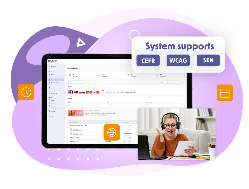 The graphic presents the Rubicon Language Solutions platform interface displayed on a large screen against a background of abstract purple shapes. In the foreground, a young woman wearing headphones is taking part in an online language lesson using a laptop and notebook. A highlighted panel states that the system supports CEFR, WCAG, and SEN standards. Additional orange icons representing time, scheduling, and online access complement the composition. The design is modern, accessible, and dominated by purple, white, and orange tones.