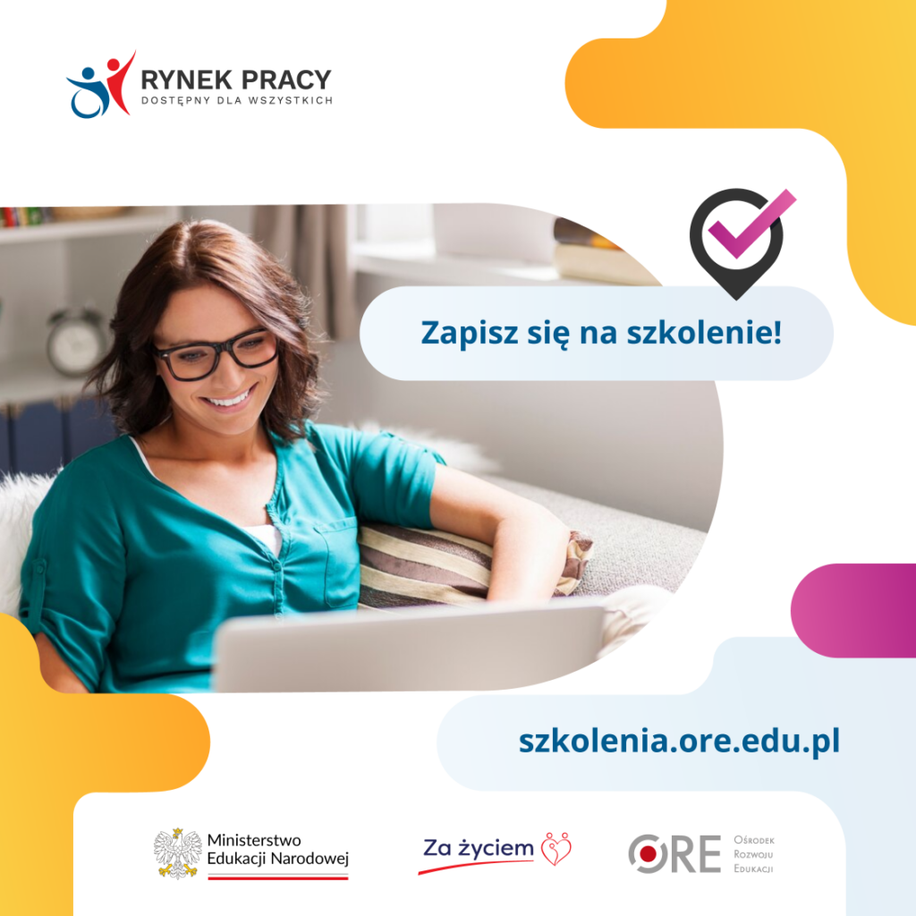 Zdjęcie przedstawia uśmiechniętą kobietę siedzącą przy otwartym laptopie. Na zdjęciu umieszczone są napisy „Rynek pracy dostępny dla wszystkich” oraz „Zapisz się na szkolenie”.