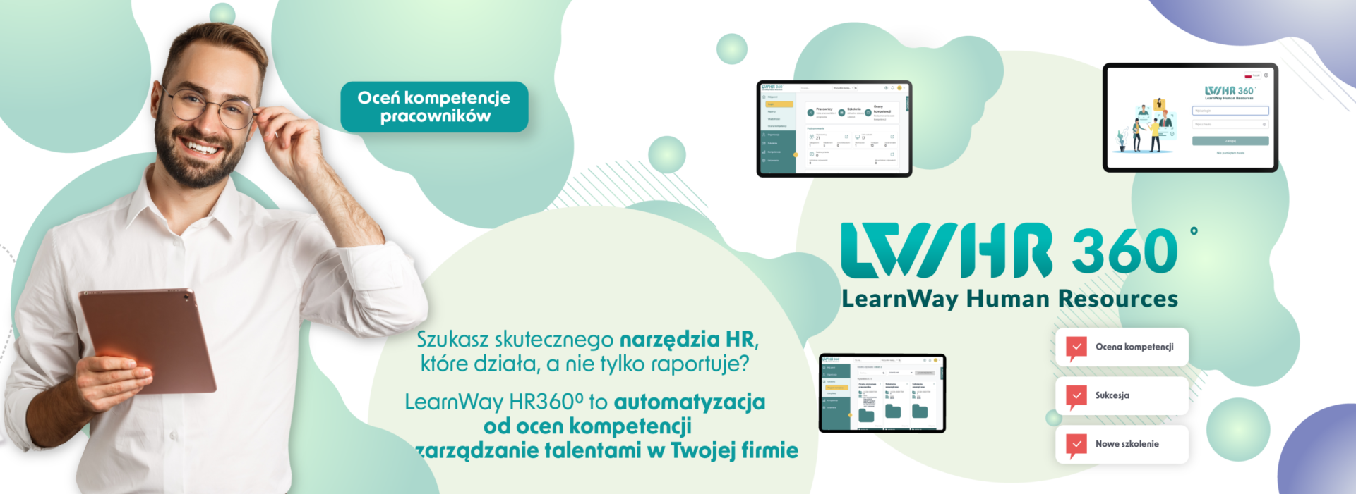 Na zdjęciu znajduje się mężczyzna logotyp systemu oraz grafiki obrazujące jak działa system