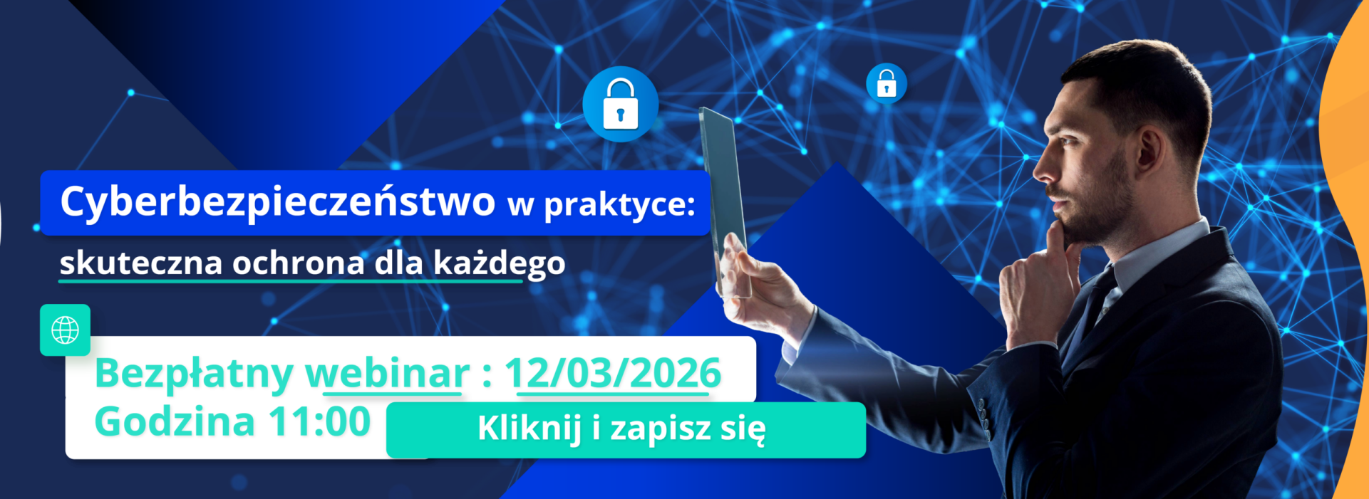 banner na którym jest zaproszenie do bezpłatnego webinaru dotyczącego cyberbezpieczeństwa