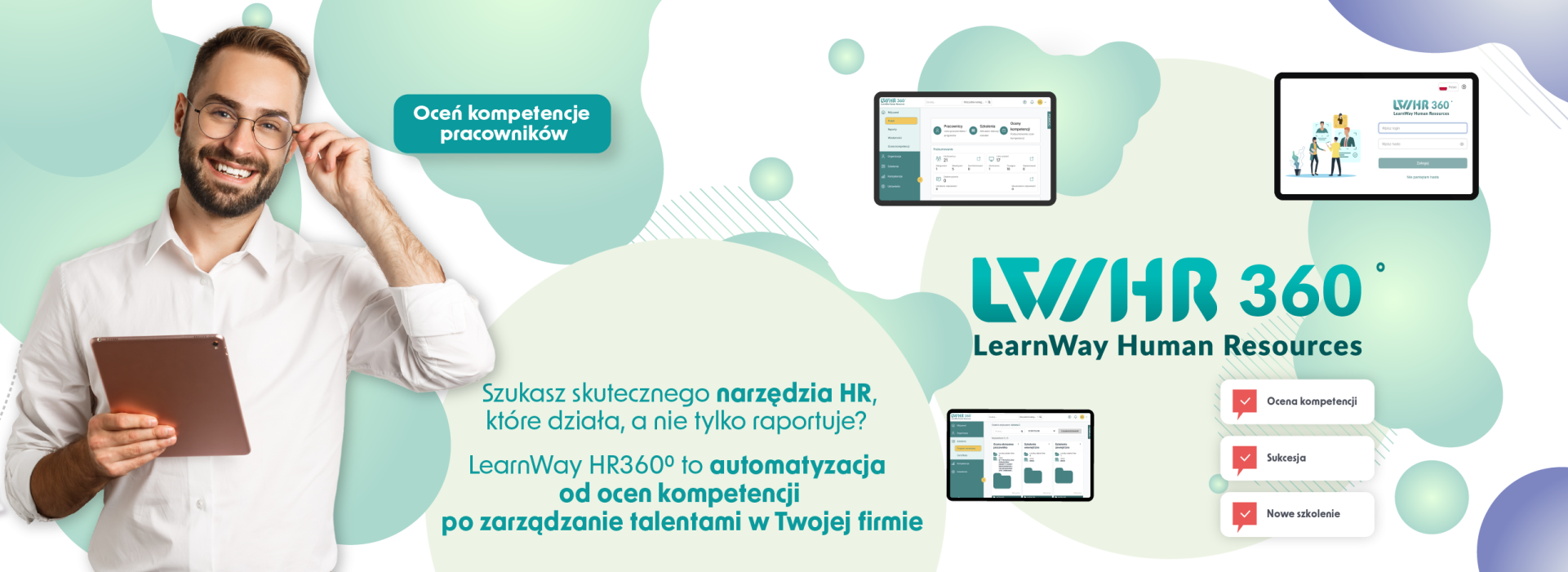 Na zdjęciu znajduje się mężczyzna logotyp systemu oraz grafiki obrazujące jak działa system