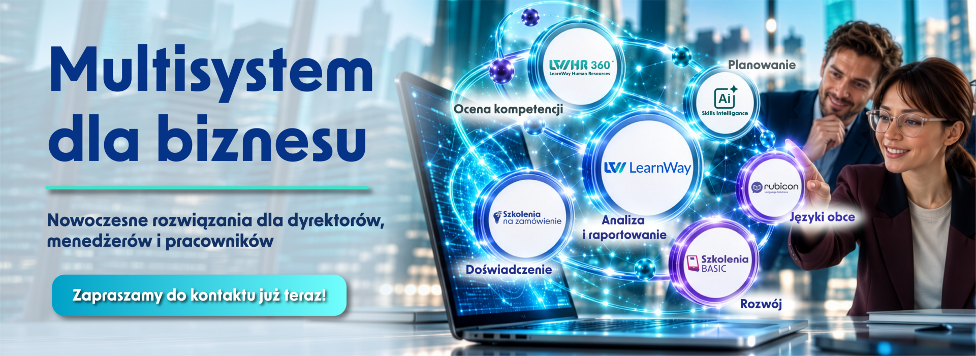 Baner „Multisystem dla biznesu” przedstawiający nowoczesne rozwiązania edukacyjne oparte na AI, połączone cyfrową siecią, wspierające szkolenia, rozwój kompetencji i zarządzanie pracownikami.