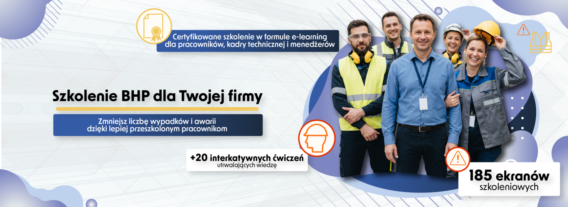 grafika przedstawia grupę pracowników, logotypy związane z bezpieczeństwem pracy