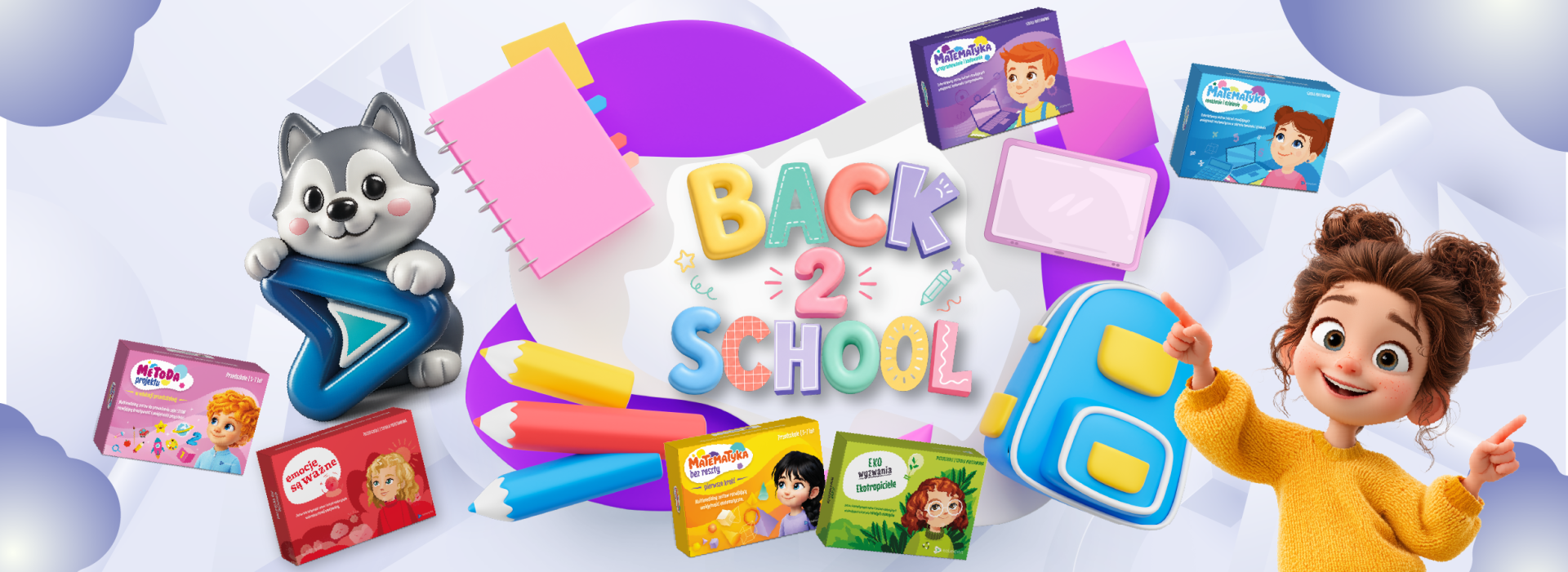 Back 2 School – kolorowy baner z bohaterami EduForKids, plecakiem, przyborami szkolnymi i materiałami edukacyjnymi.