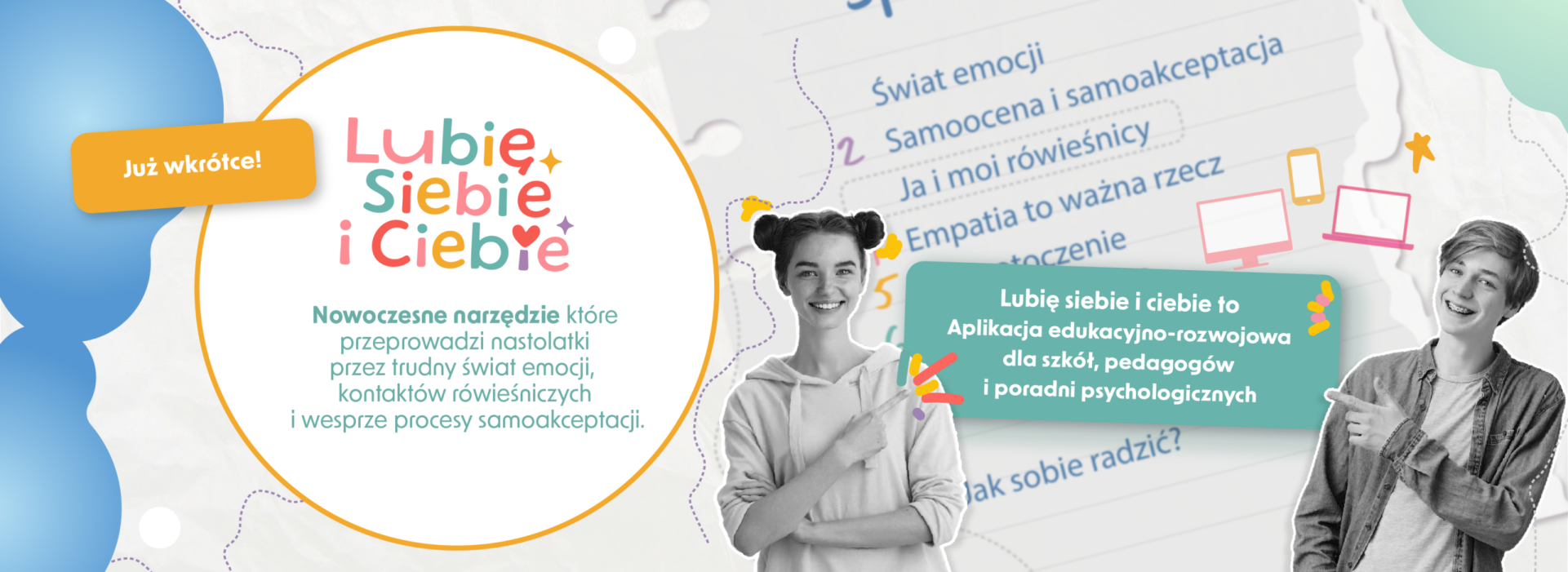 na grafice znajduje się zdjęcie dziewczynki oraz chłopca opis oraz logo aplikacji