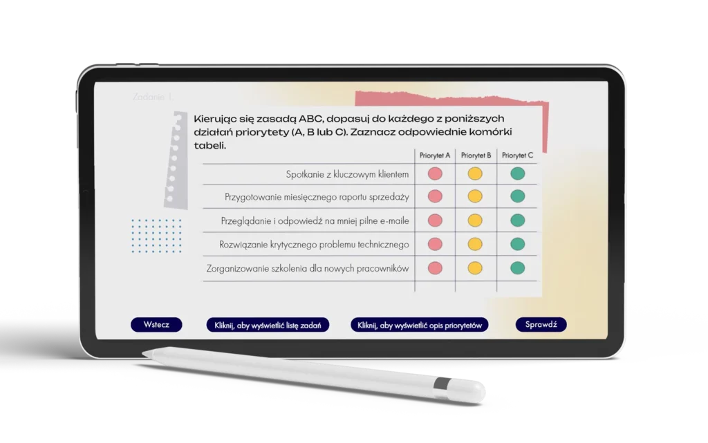 Screen z kursu zarządzania czasem zespołu – fragment platformy dotyczący ustalania priorytetów