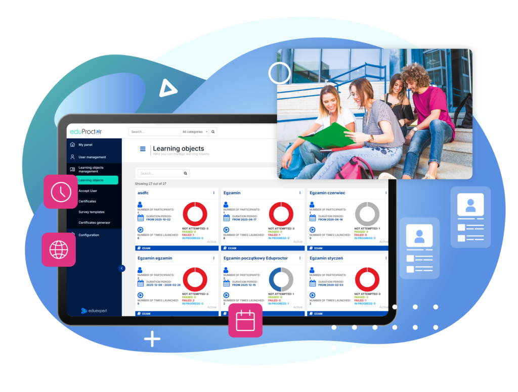 The graphic presents the eduProctor platform with the Learning objects section displayed on a large screen. The interface shows a catalogue of online exams and assessments with information about participants, duration, number of attempts, and completion status, supported by circular progress charts. In the upper right, a group of students is shown studying together. Additional icons represent time, online access, scheduling, and user profiles. The overall design is modern and educational, using blue, turquoise, white, and pink tones.