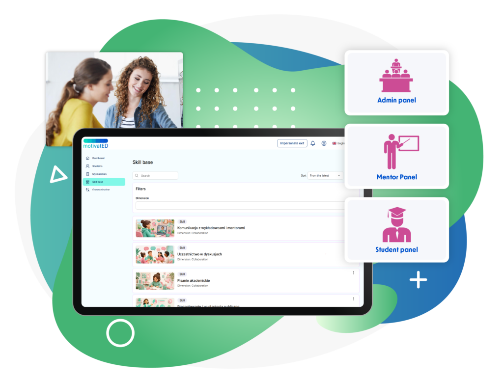 The graphic presents the MotivatED platform with the Skill base section displayed on a large screen. The interface shows a searchable list of skills related to student development, including communication with lecturers and mentors, participation in discussions, and academic writing. On the right, three highlighted notifications indicate “New note!”, “Your well-being!”, and “Message from the mentor”. In the upper left, a student is shown receiving support from a mentor or lecturer. The overall design emphasises student development, well-being, and mentoring, using green, blue, white, and pink tones.