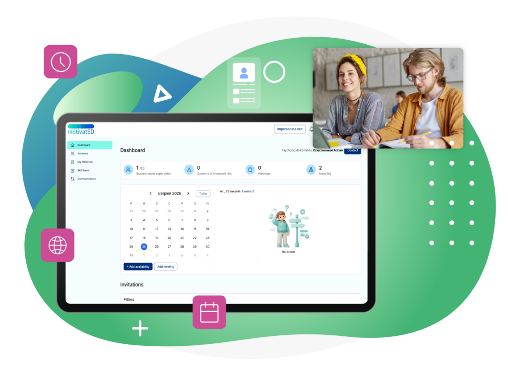 The graphic presents the MotivatED dashboard displayed on a large screen. The interface includes information about students under supervision, students at increased risk, scheduled meetings, learning materials, invitations, and a calendar for managing mentor availability. In the upper right, a photo shows two university students studying together. Additional icons represent time, online access, scheduling, and student profiles. The overall design emphasises student monitoring, mentoring, and academic support, using green, blue, white, and pink tones.